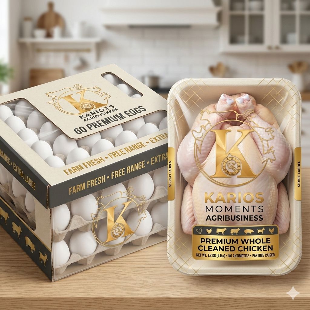 Karios Moments packaged chicken and eggs in a bright kitchen