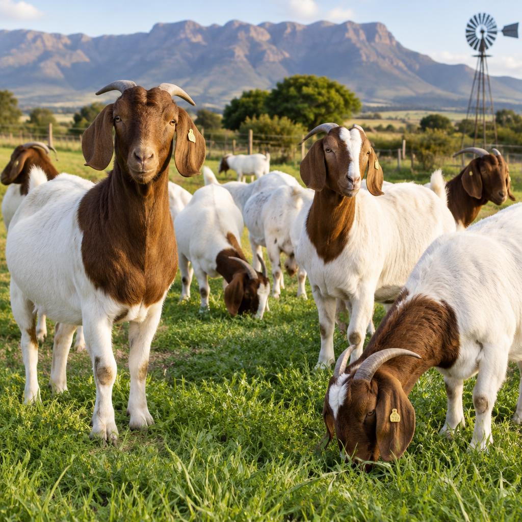 Goats standing on green pasture