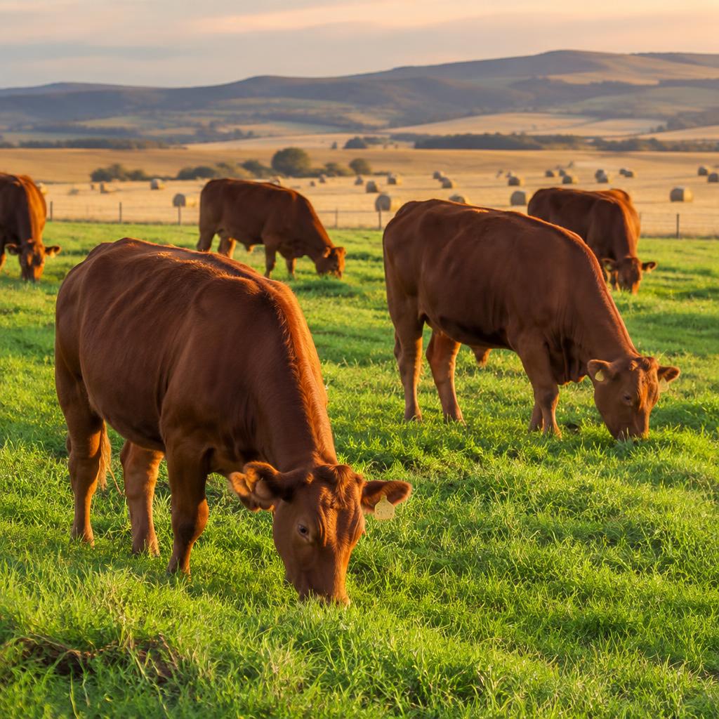 Young heifers grazing on lush green pasture