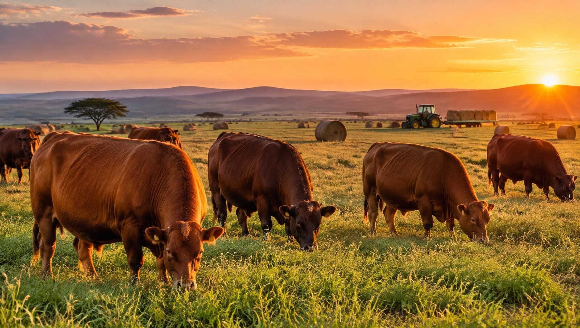 Green veld with well-fattened cattle, hay bales and farm equipment at golden hour