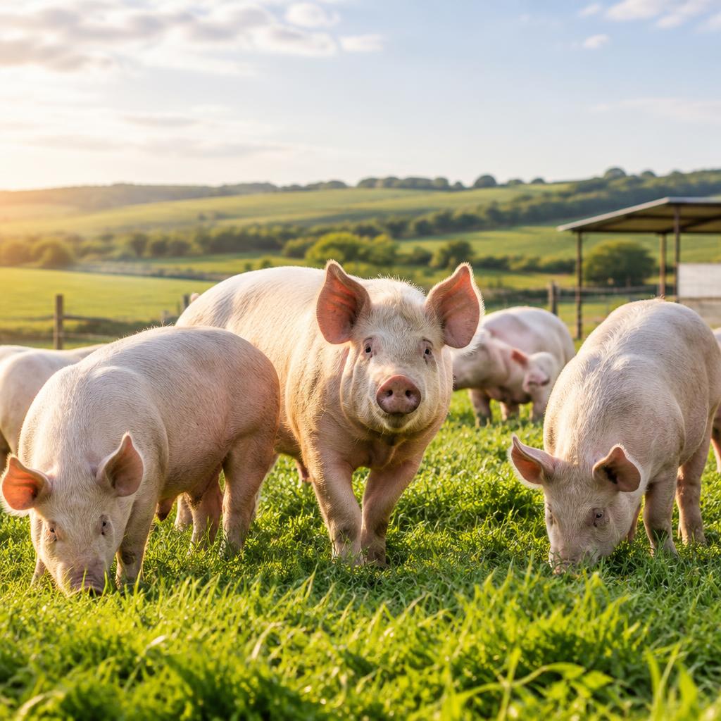 Healthy pigs on green grass